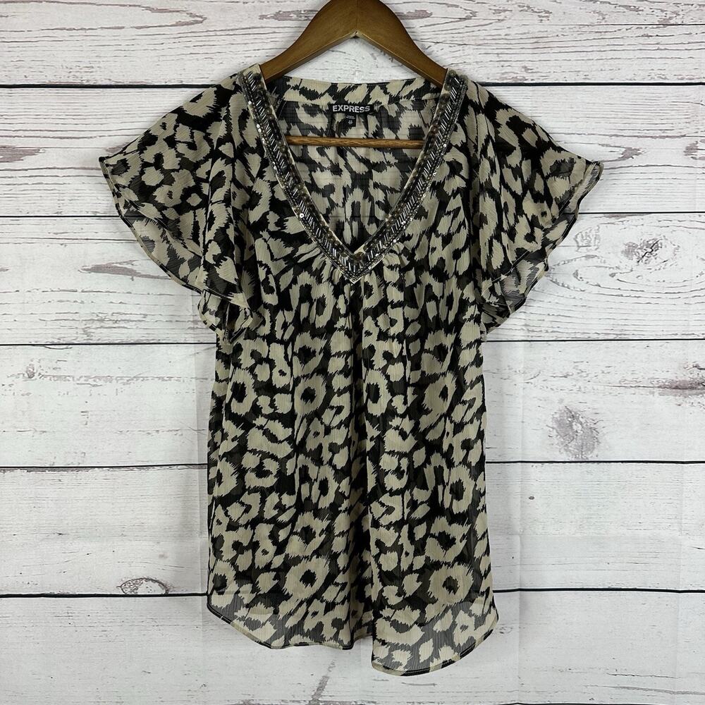 Express Shirt Womens XS Beige Animal Print Top Blouse Beaded Career Office Sheer